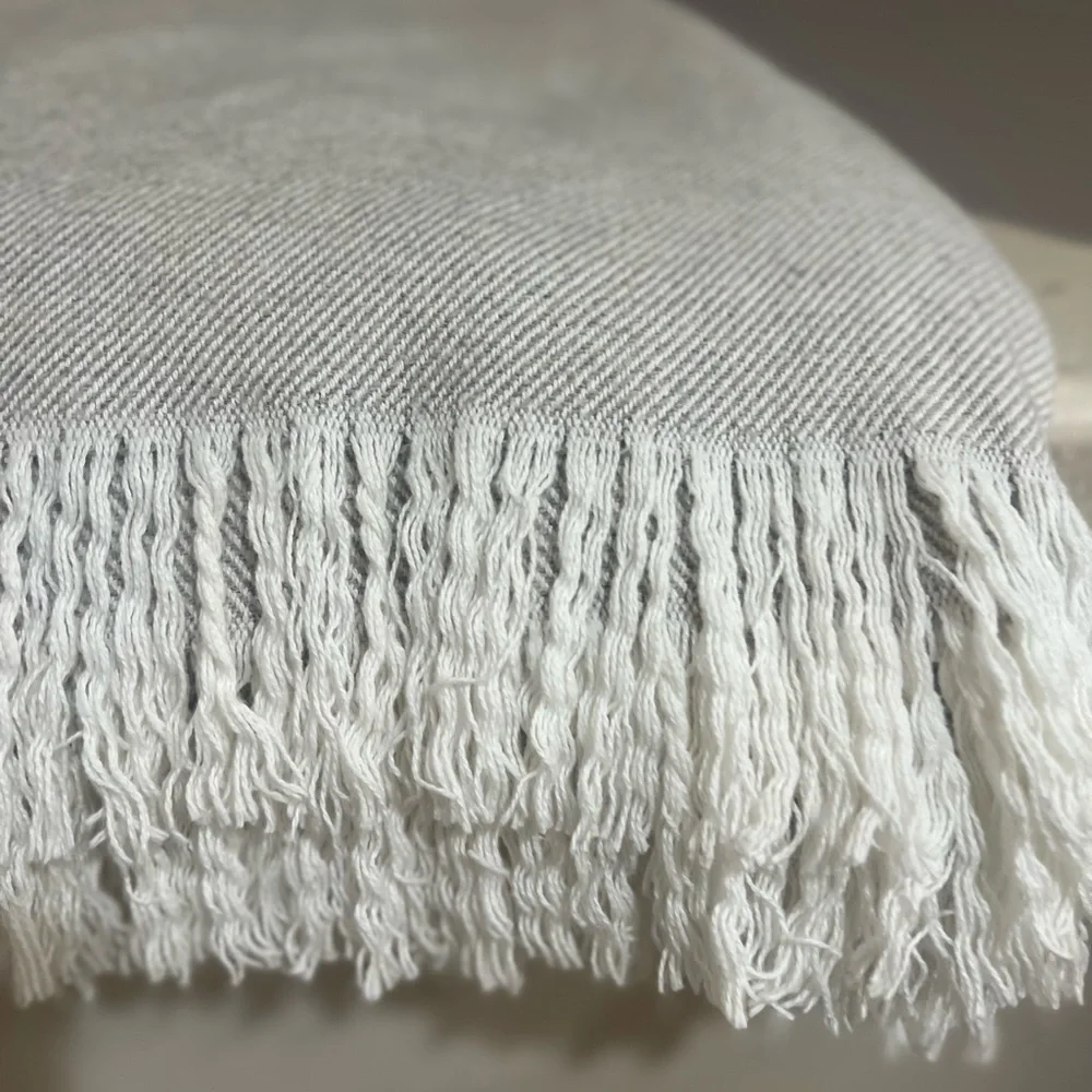 Boll & Branch Throw 85x56‎ Organic Cotton Blanket White and Gray Plaid Fringe